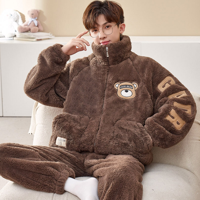 冬季加绒加厚男士珊瑚绒拉链睡衣青少年加大码长毛法兰绒家居服童