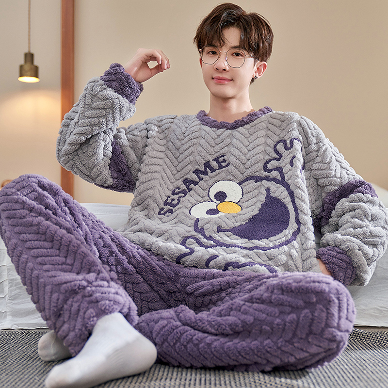 珊瑚绒男士冬季加厚睡衣青少年卡通宽松加大码法兰绒家居服可外穿