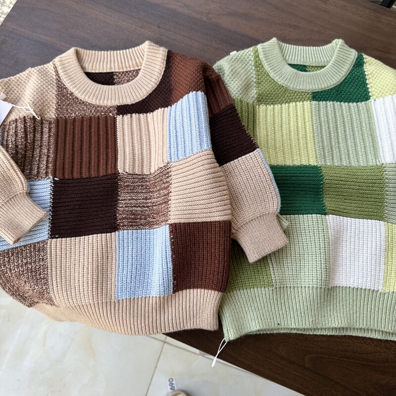 儿童毛衣条纹圆领套头撞色拼色上衣