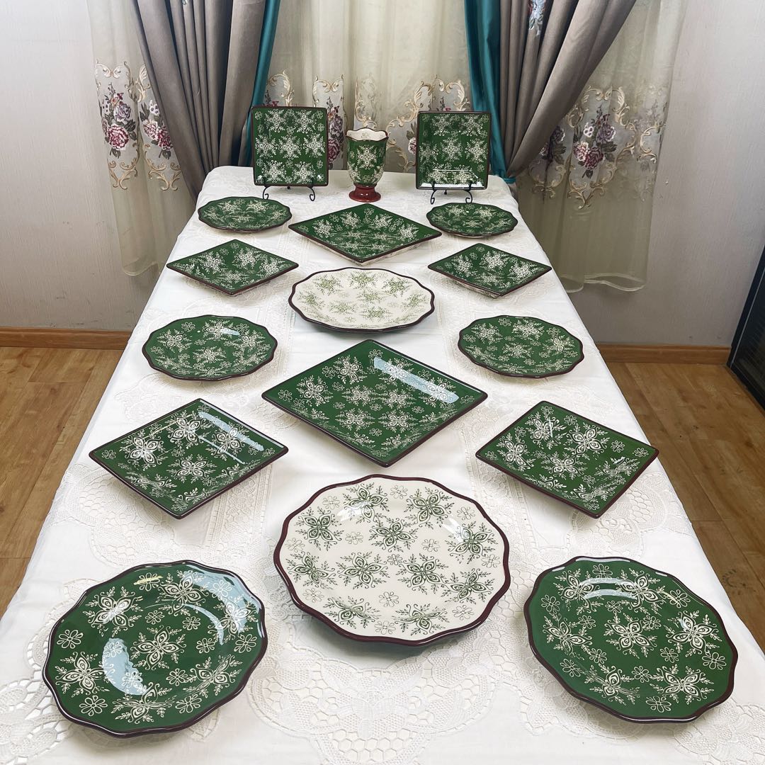 阿勒玛 新疆包邮【常青藤】手绘家用碗碟盘套装防烫轻奢17头餐装 