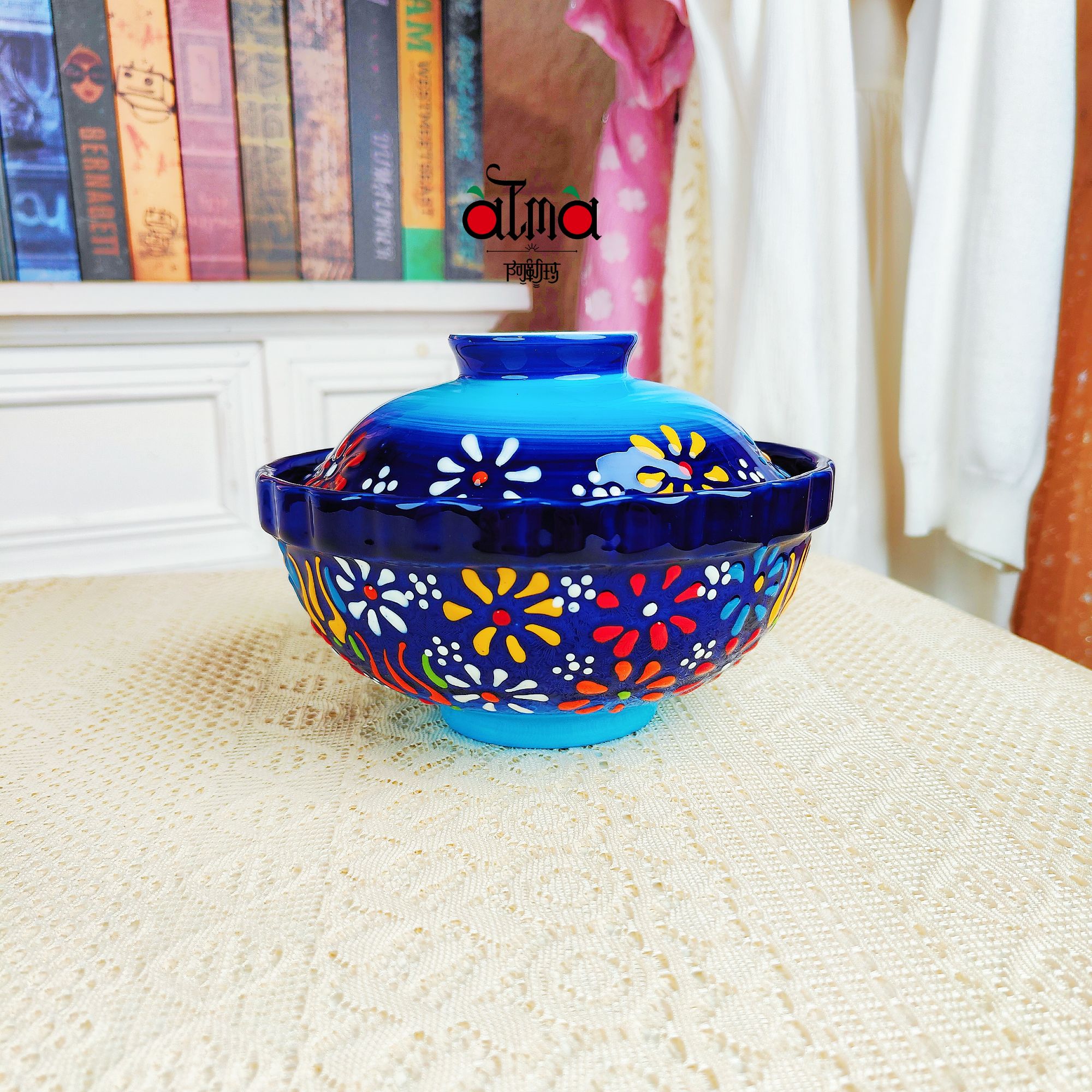 阿勒玛 新疆包邮【蓝贵夫人】家用6寸手绘陶瓷加厚带盖碗  