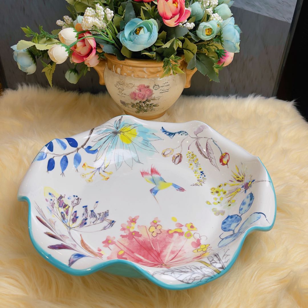 阿勒玛 新疆包邮【水彩花】手绘12寸波浪盘家用加厚防烫送铁架