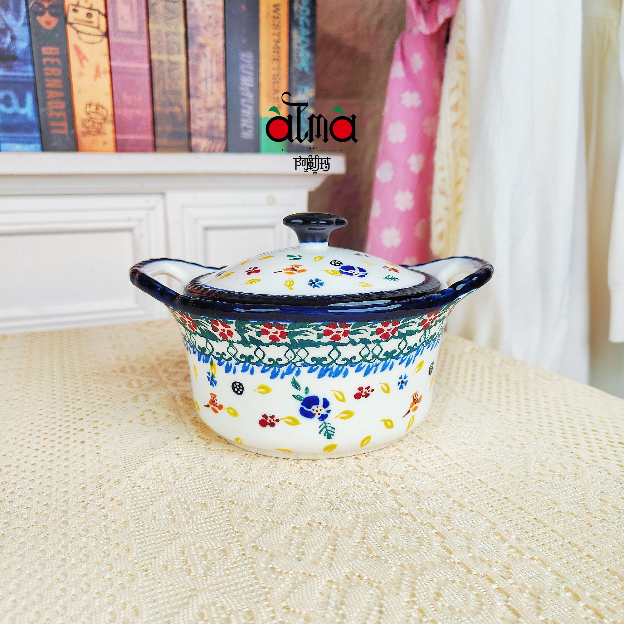 马姐专属 阿勒玛【多彩】家用手绘釉下彩欧式6.5寸双耳带盖炖盅