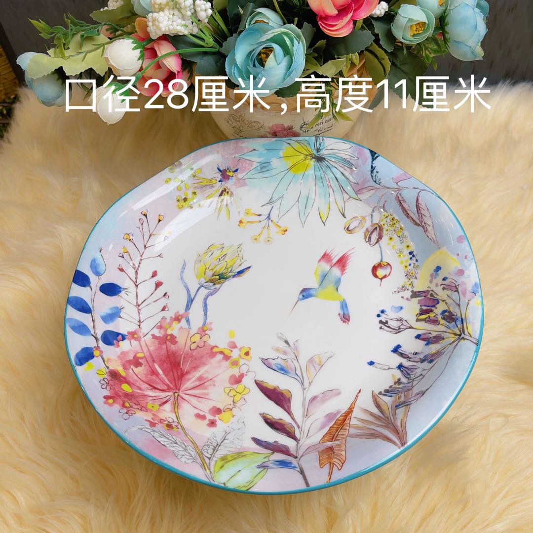 阿勒玛包邮【水彩花】手绘加厚防烫装汤轻奢高脚果盘
