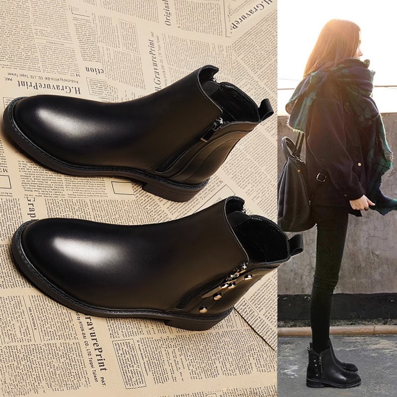 百丽纯爱公主马丁靴英伦风2023秋冬新款平底短靴加绒加厚棉鞋雪地