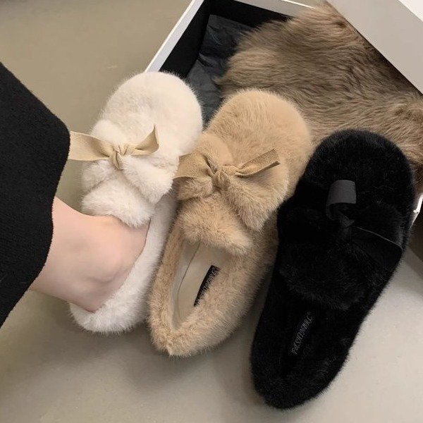 百丽纯爱瑞一脚蹬豆豆鞋女冬加绒棉鞋2023款蝴蝶结毛毛鞋女外穿平