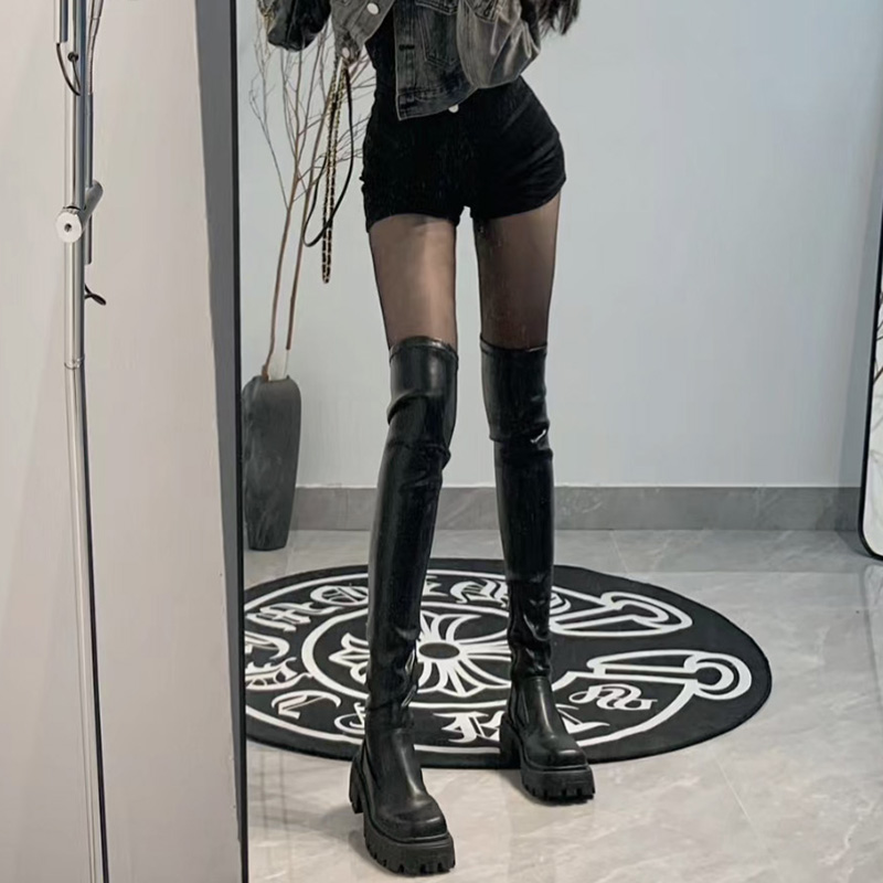 百丽纯爱方糖过膝长靴女2023秋冬新款弹力高筒皮靴厚底瘦瘦靴靴子