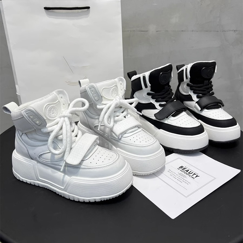 百丽纯爱牌魔术贴潮鞋女鞋小白鞋百搭高帮松糕底休闲鞋2023秋季新