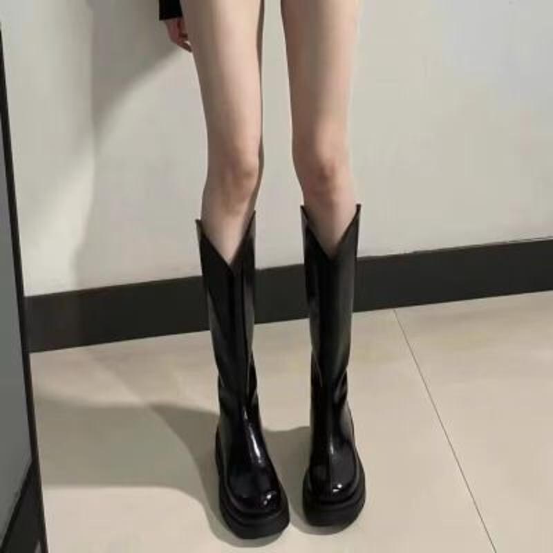 百丽纯爱显瘦显腿长~~~V口显瘦长筒靴厚底高筒靴小个子靴子英伦风