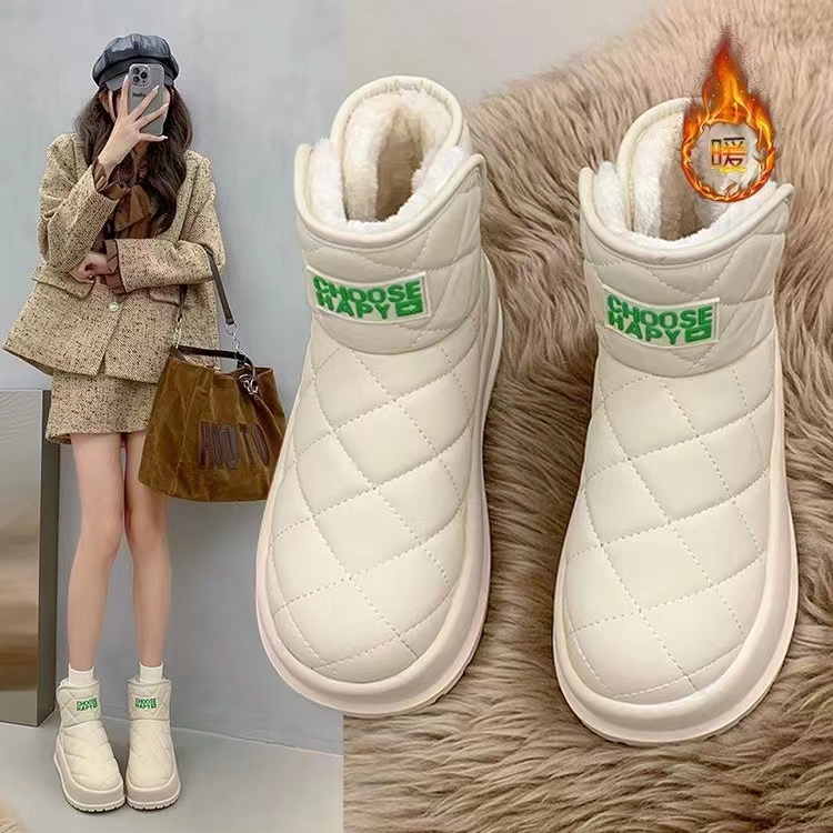 百丽纯爱！高级百搭！菱形缝线设计~加厚皮面防水女式雪地靴 C159