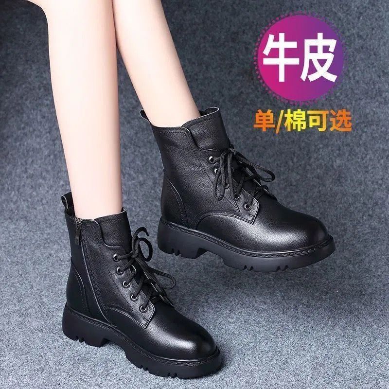 百丽纯爱真皮马丁靴女大码2023冬季新款厚底加绒短筒英伦风短靴女