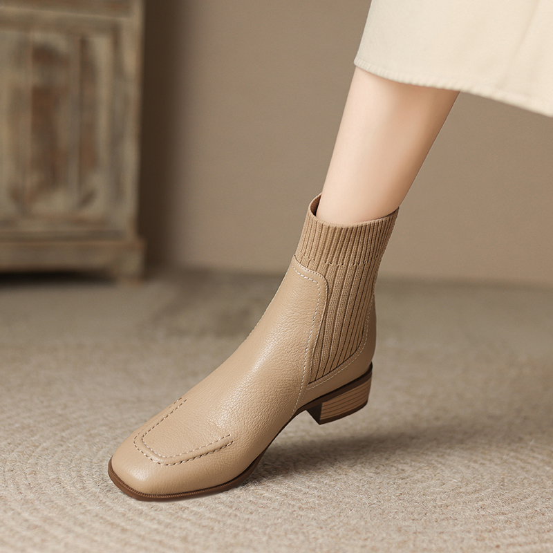 冬季森马潮4cm【34-40码】2023秋冬季爆款百搭方头粗跟真皮皮鞋飞