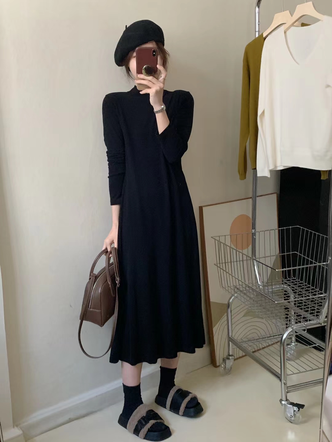 开心家高领连衣裙秋冬新款大衣内搭打底长裙