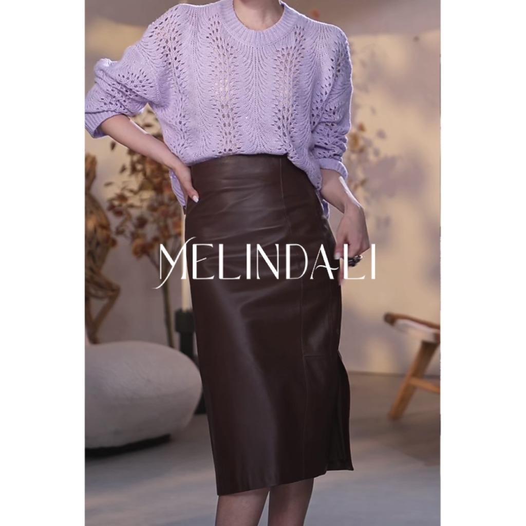 MelindaLi【落日】 春夏新品包臀修身绵羊皮半身裙真皮中长裙