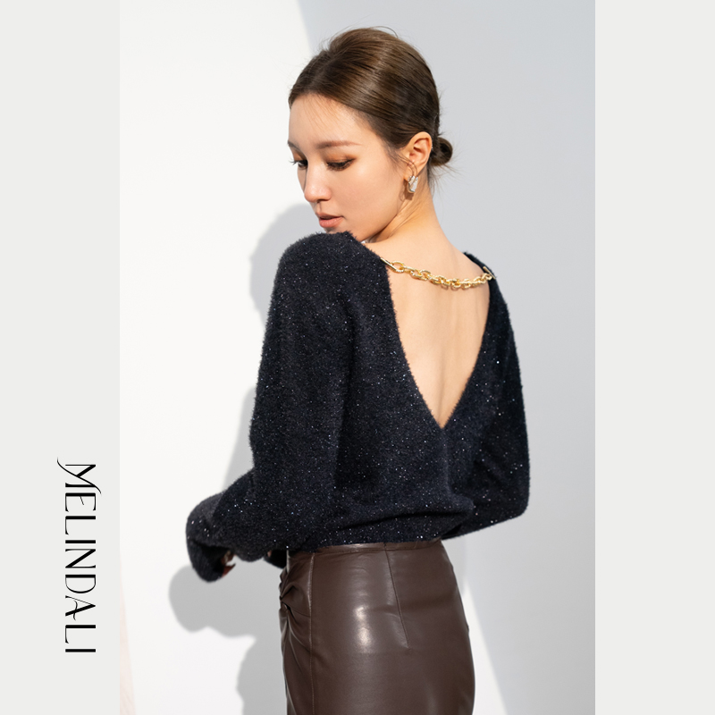 Melinda Li 【星奕】前后2穿法式银葱羽毛纱时髦百搭氛围感针织毛衣