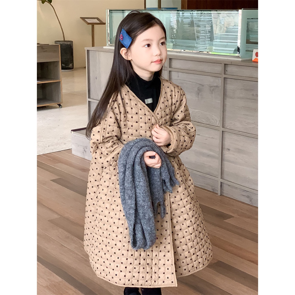 女童连衣裙秋冬款洋气满印绗棉公主裙女宝宝加厚V领时髦长裙儿童