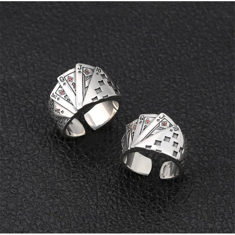 钛钢玻璃戒指 扑克牌戒指男款小众复古赌神德州扑克同花顺指环扣