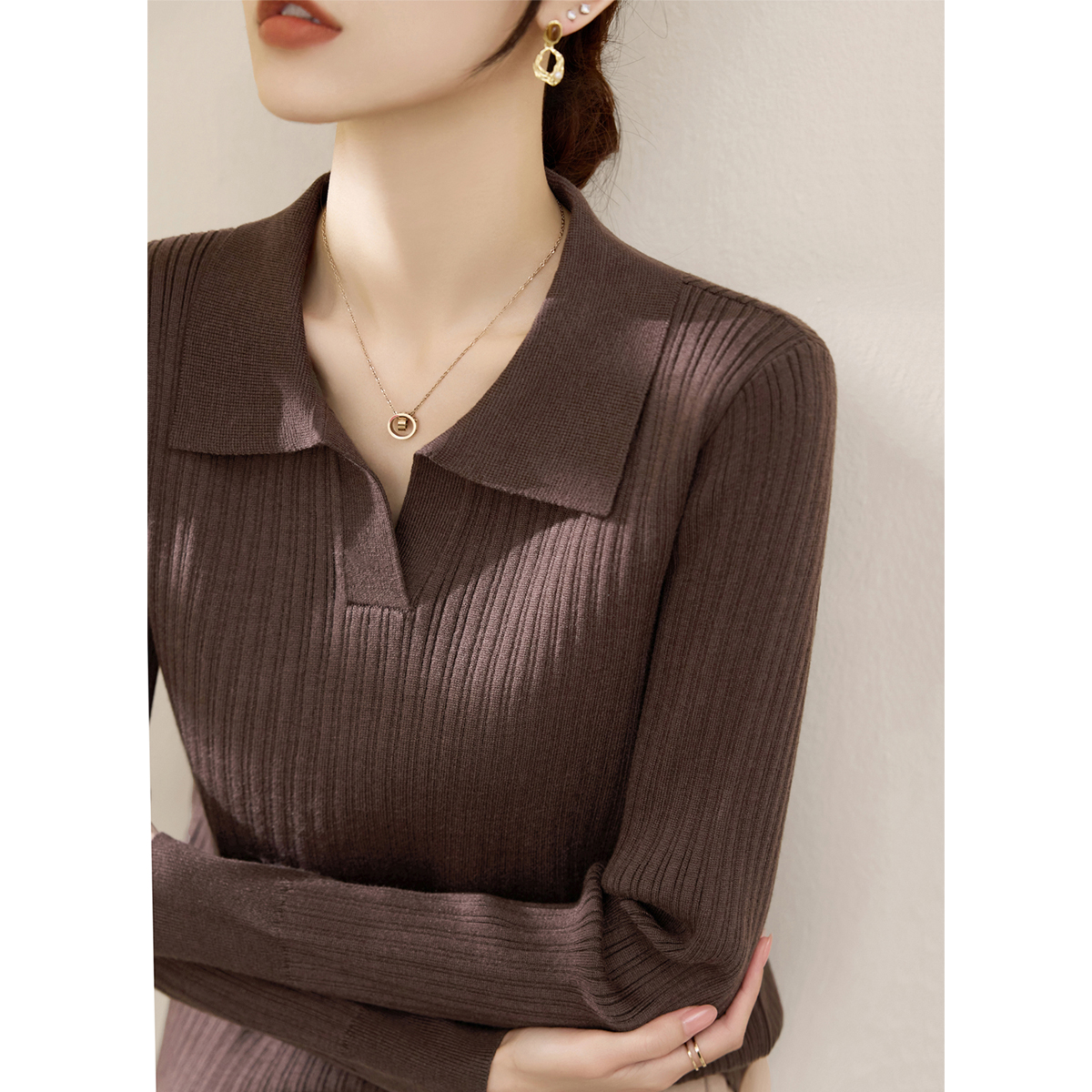 时尚高级感长袖修身毛衣打底简约秋季新款polov领上衣女装针织衫