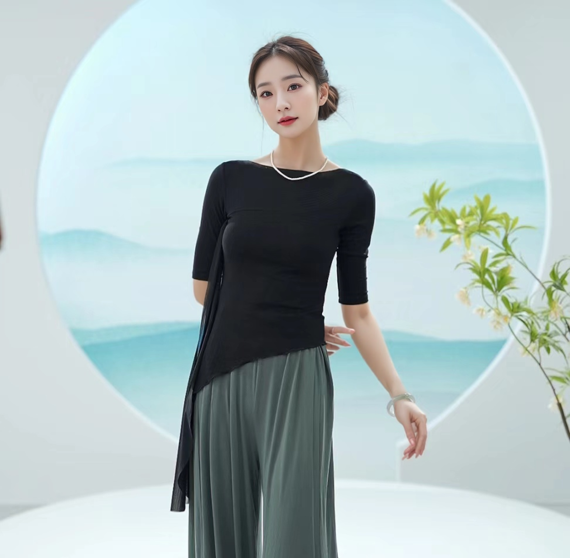 24008气质显瘦一字领舞蹈日常生活可穿形体上衣