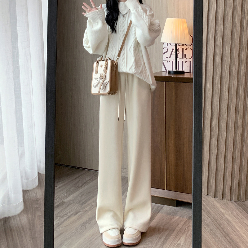 白色雪尼尔阔腿裤女秋冬高腰垂感宽松休闲直筒裤加绒加厚灯芯绒裤