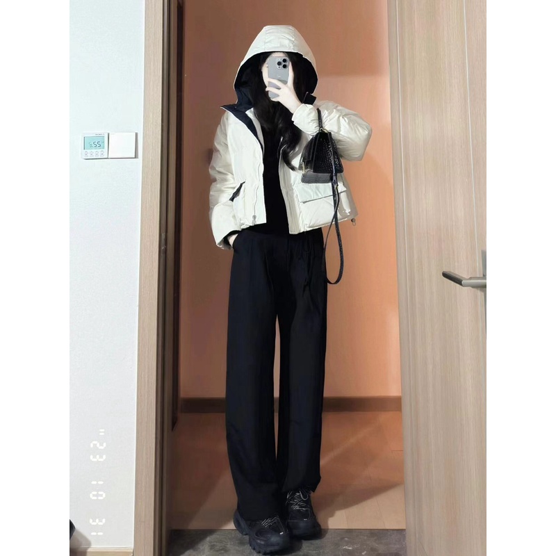 棉服女2023年新款冬季加厚面包服短款小个子宽松连帽棉袄两件套装