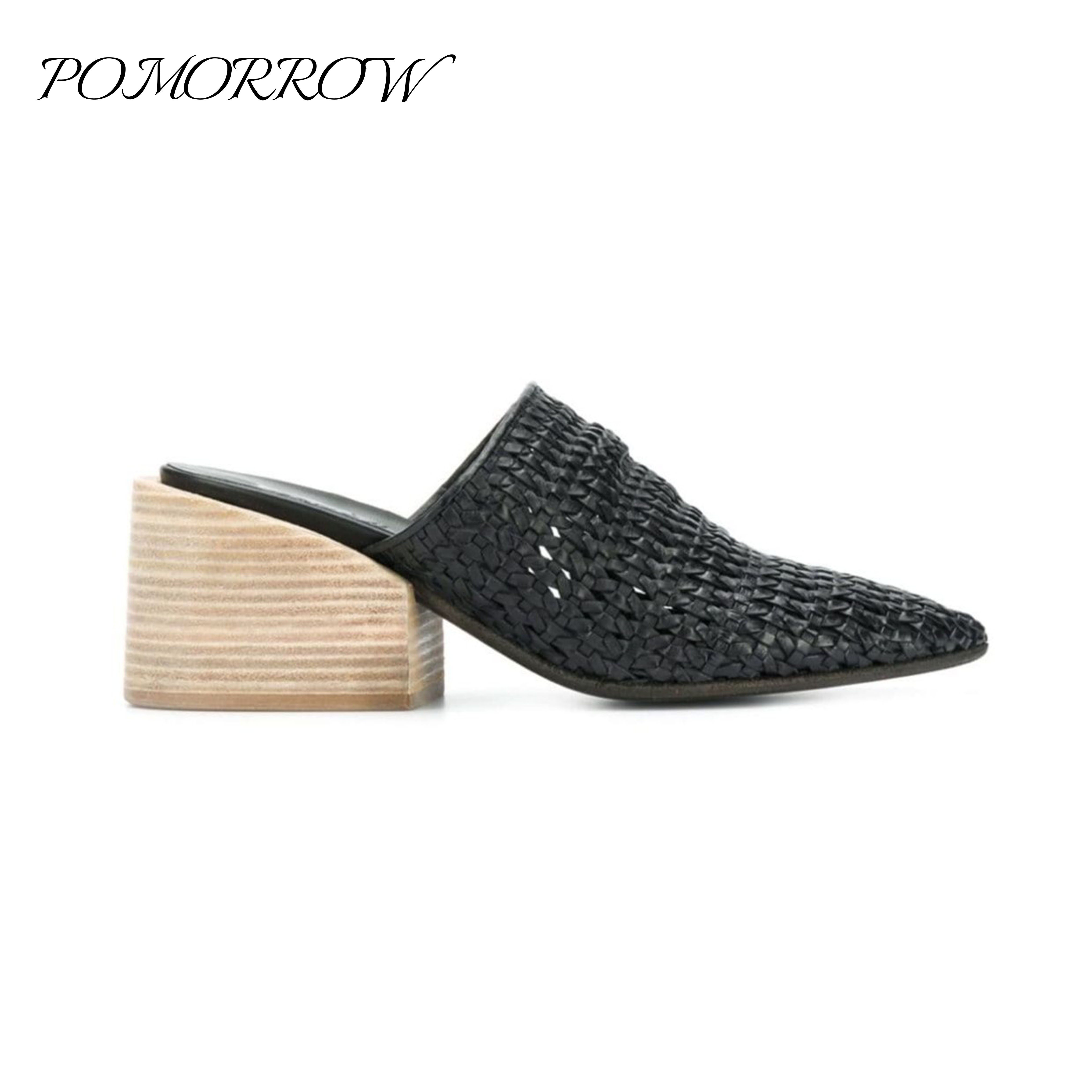 POMORROW品牌夏季女士尖头凉鞋粗跟黑色小众设计手工编织拖鞋外穿