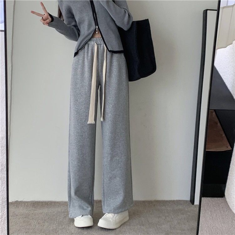 加绒灰色运动裤女秋冬2023新款高腰直筒宽松阔腿裤女学生休闲裤子