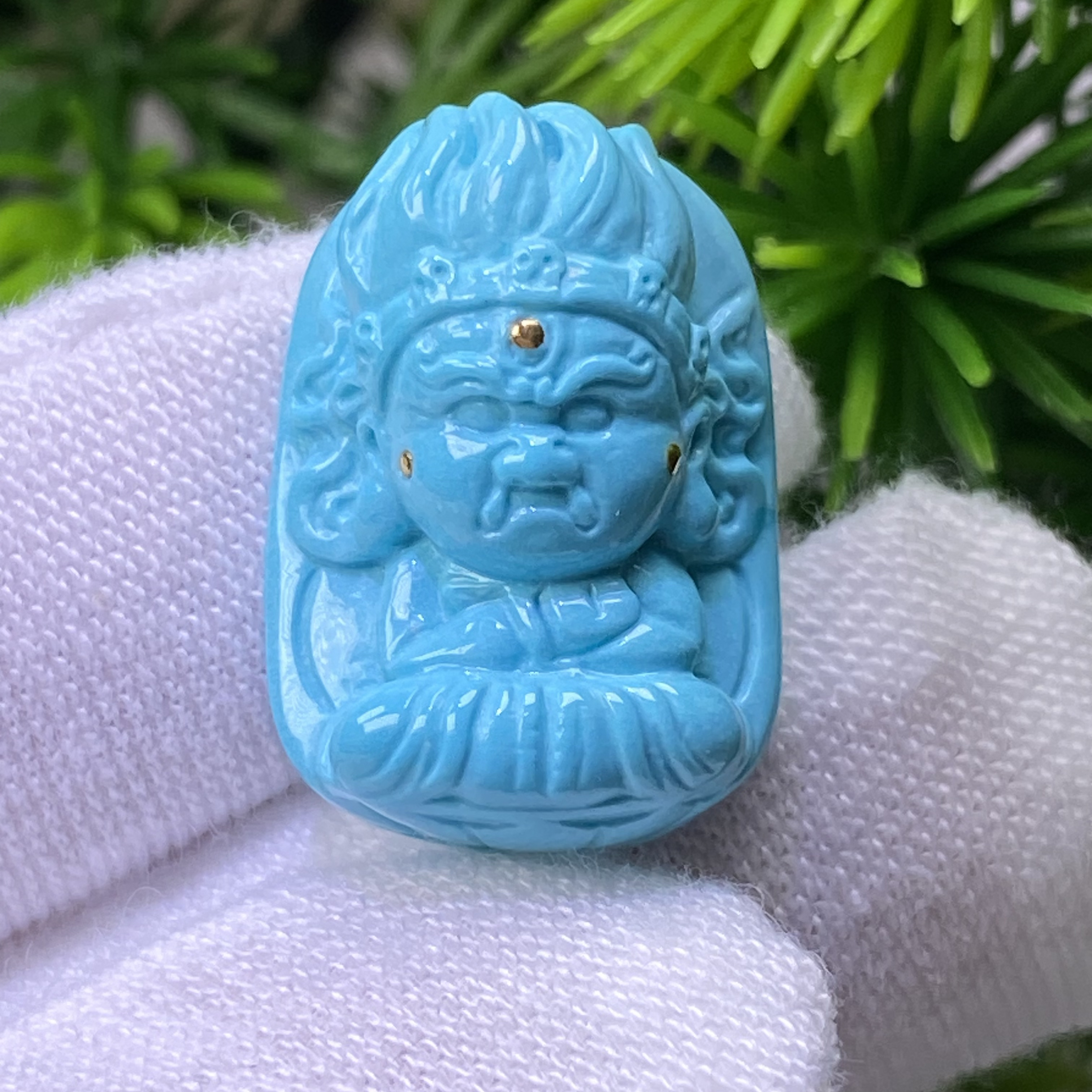 天然原矿绿松石高瓷蓝精工雕刻大黑天吊坠配饰