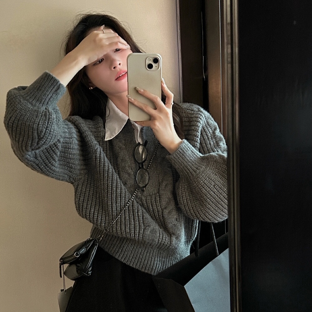 Cute Club 2025秋季新款甜美风简约百搭假两件毛衣宽松慵懒针织衫