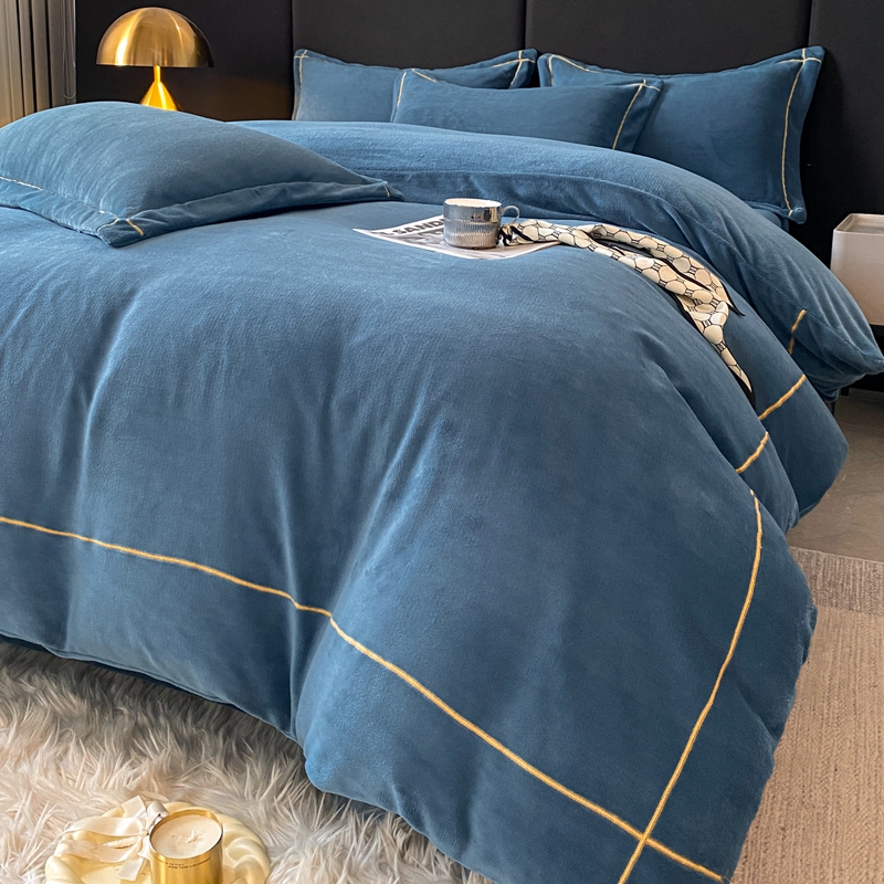 简约纯色牛奶绒四件套加厚刺绣双面绒保暖被套防静电冬季短毛床品