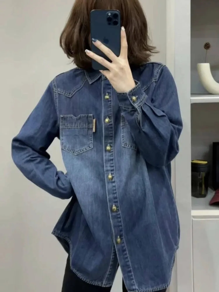 【春秋百搭】显瘦牛仔衬衫女秋冬新款宽松内搭叠穿上衣休闲加厚衬衣