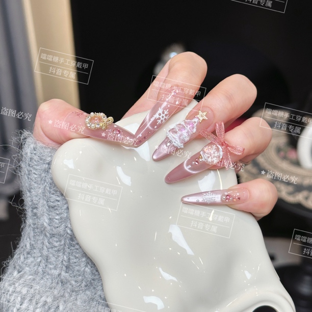 【圣诞水晶球】纯手工美甲圣诞立体蝴蝶结穿戴甲仙气气质猫眼甲片贴