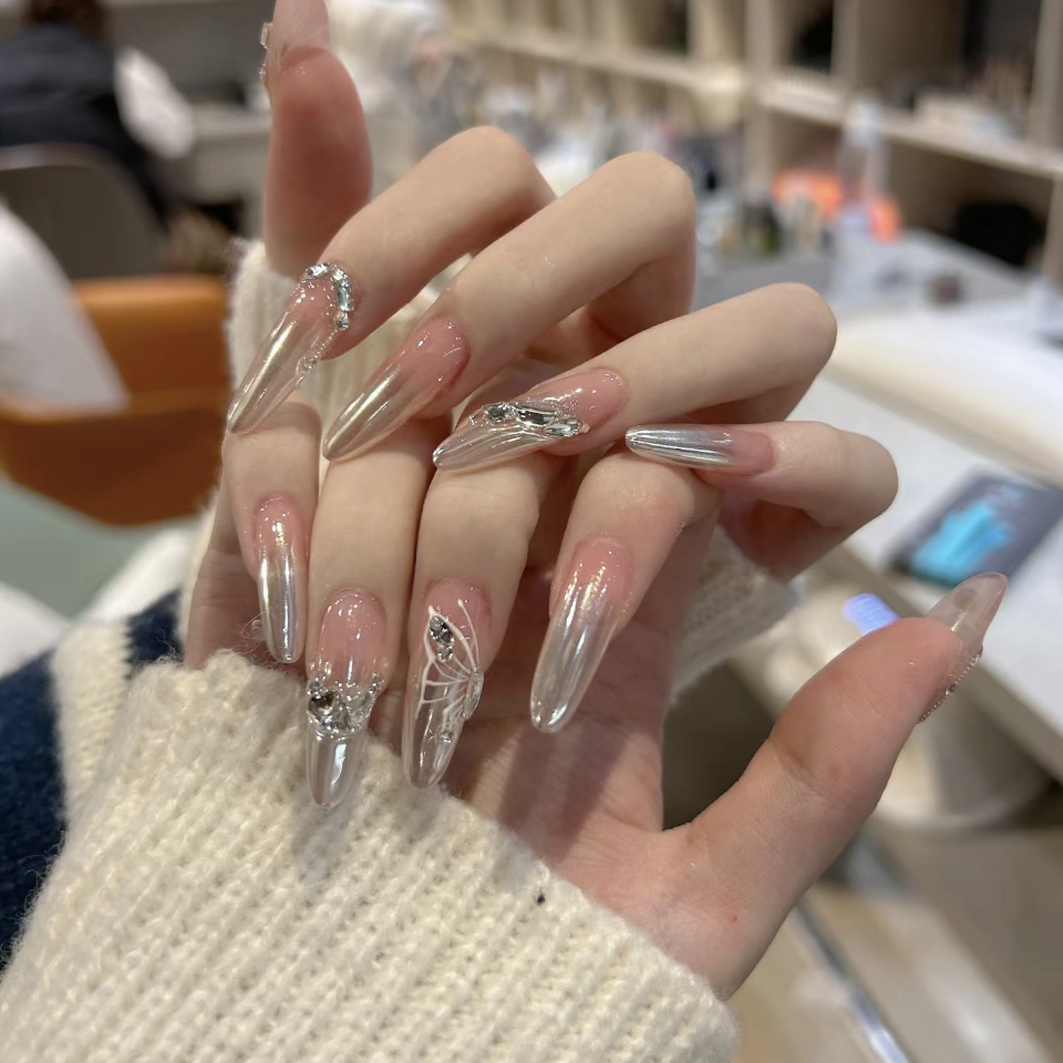 【月光之境】纯手工长款穿戴甲显白高级气质魔镜粉渐变设计轻奢美甲