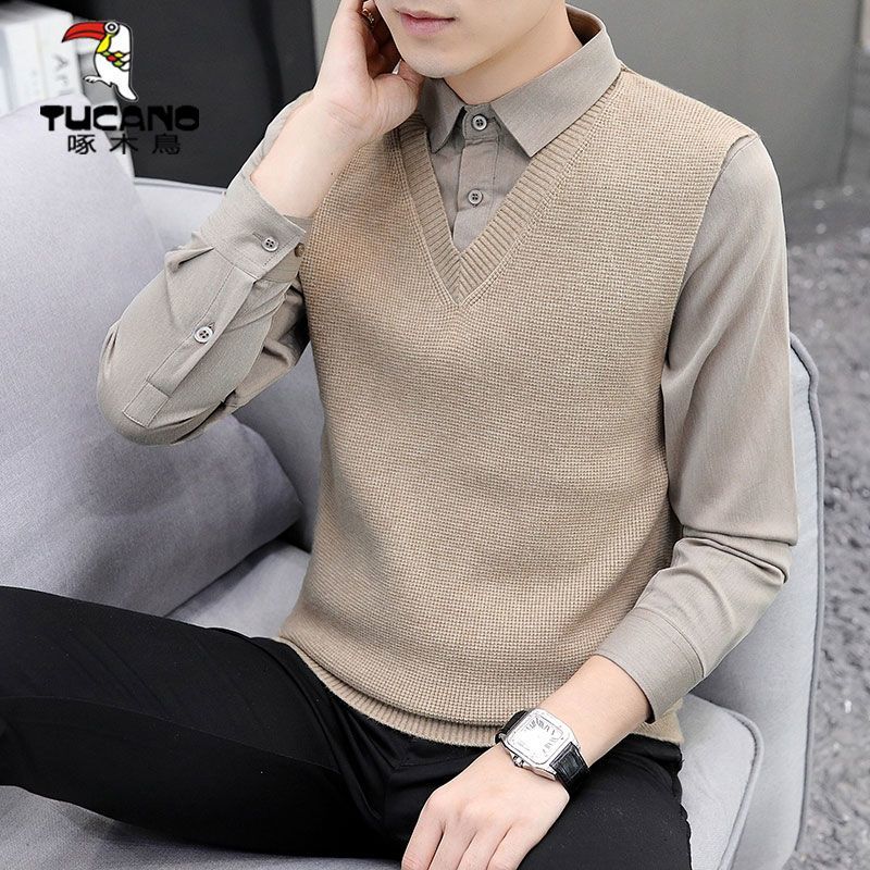 啄木鸟2023新款男士毛衣男款冬季假两件针织衫男生秋冬加绒加厚