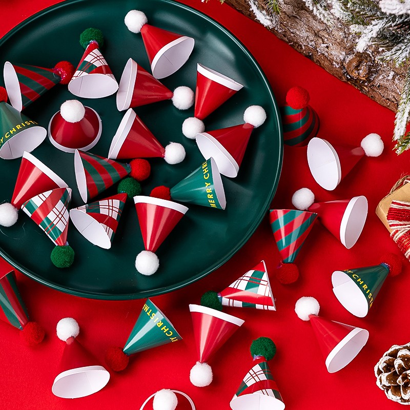 2025圣诞节ins风复古帽子蛋糕装饰红绿色迷你毛球圣诞小帽子插件