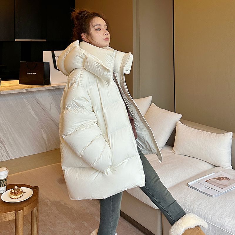 加厚中长款羽绒服女冬季宽松立领连帽面包服白鸭绒外套韩赵大钱