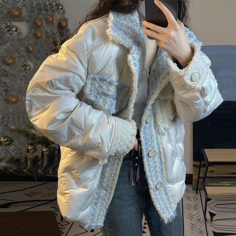 羽绒服自制小香风网红明星同款宽松显瘦气质时尚短款拼接羽绒外套