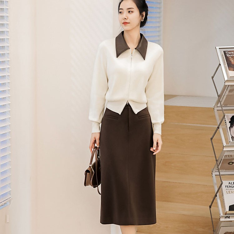谭飞【茱莉套装】贵气美拉德 知性文艺套装 皮衬衫领高腰铅笔裙[DR]