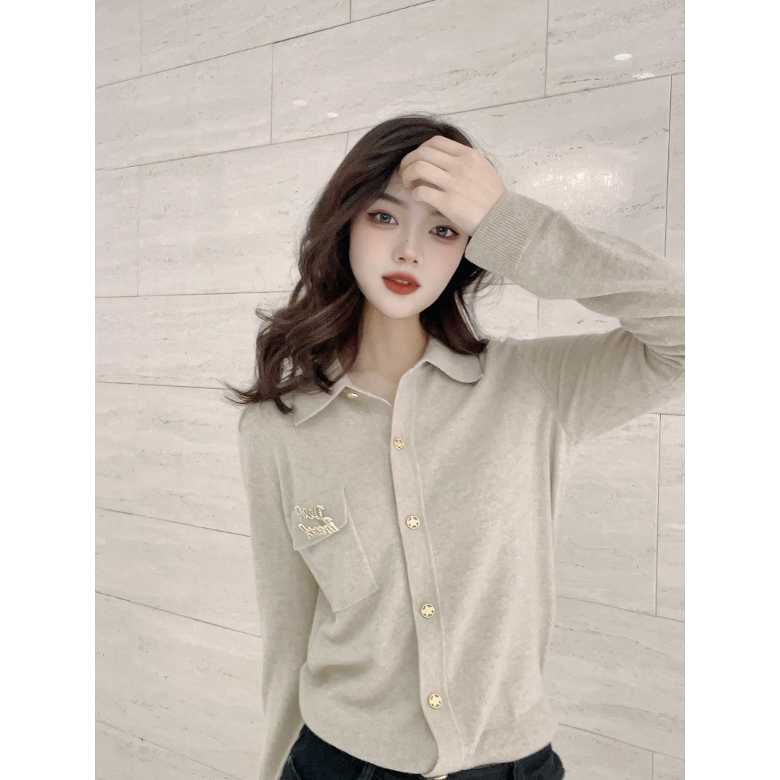 哥弟 初秋上衣翻领星光扣设计针织开衫c（5色）1499186