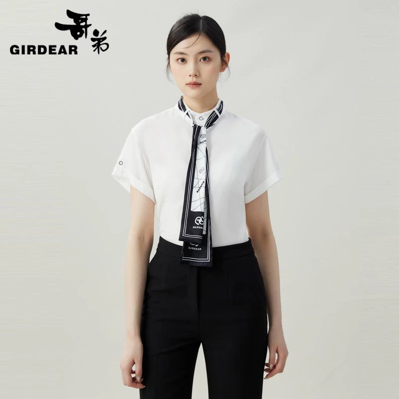 【风感波粒】哥弟 时尚气质短袖丝巾衬衫 （2色）1300907