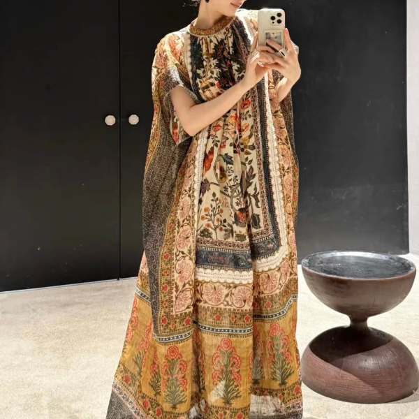 小雅家  波西米亚民族风印花V领前短后长宽松 轻透苎麻夏季连衣裙