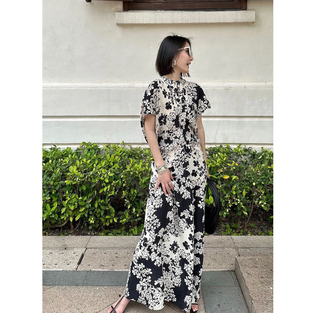 晓雅家高端女装轻奢大气时尚优雅高贵黑白印花长款御姐风连衣裙