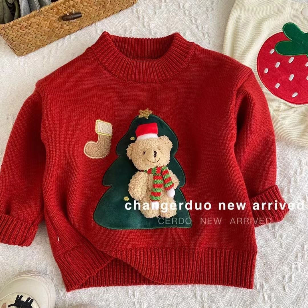 2023秋冬季男童圣诞小熊毛衣加厚儿童宝宝打底针织衫洋气女童上衣