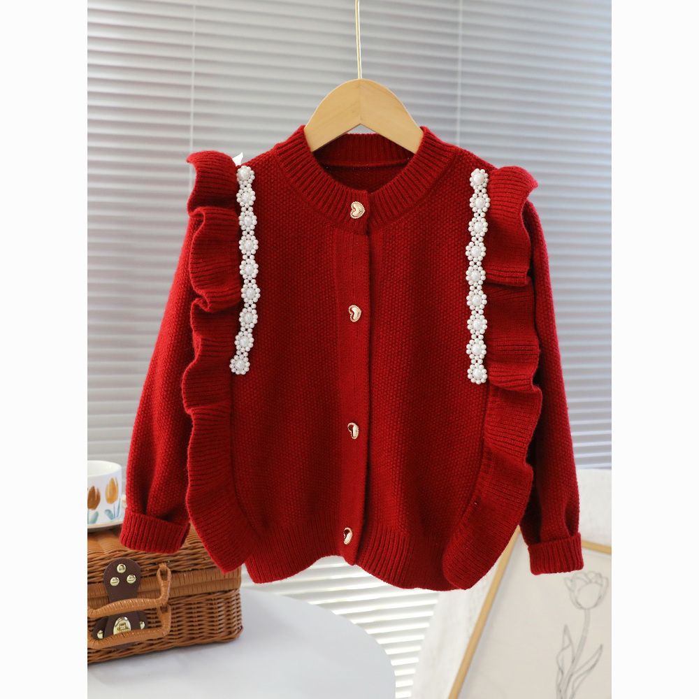 衣服红色女童毛衣中大童春秋季2023新款洋气珍珠儿童针织开衫外套