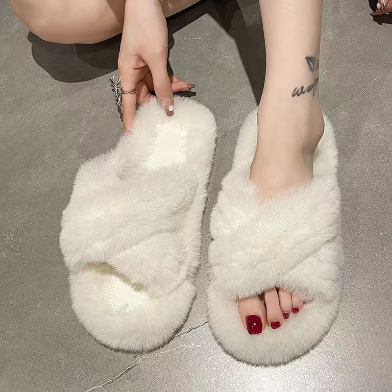 小红书同款秋冬新款交叉毛毛拖鞋女时尚毛茸茸居家棉拖毛绒