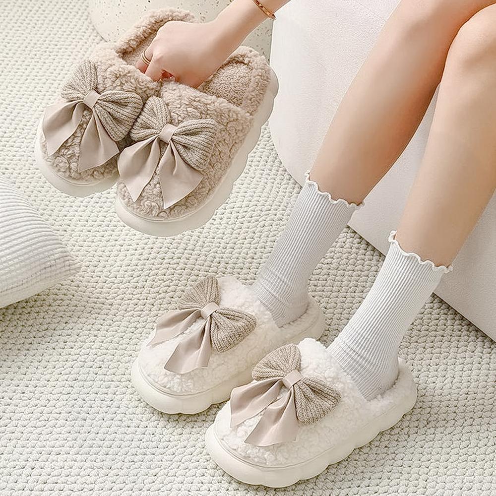 室内棉拖蝴蝶结毛毛绒棉拖鞋女士秋冬季2023新款居用保暖踩屎感家