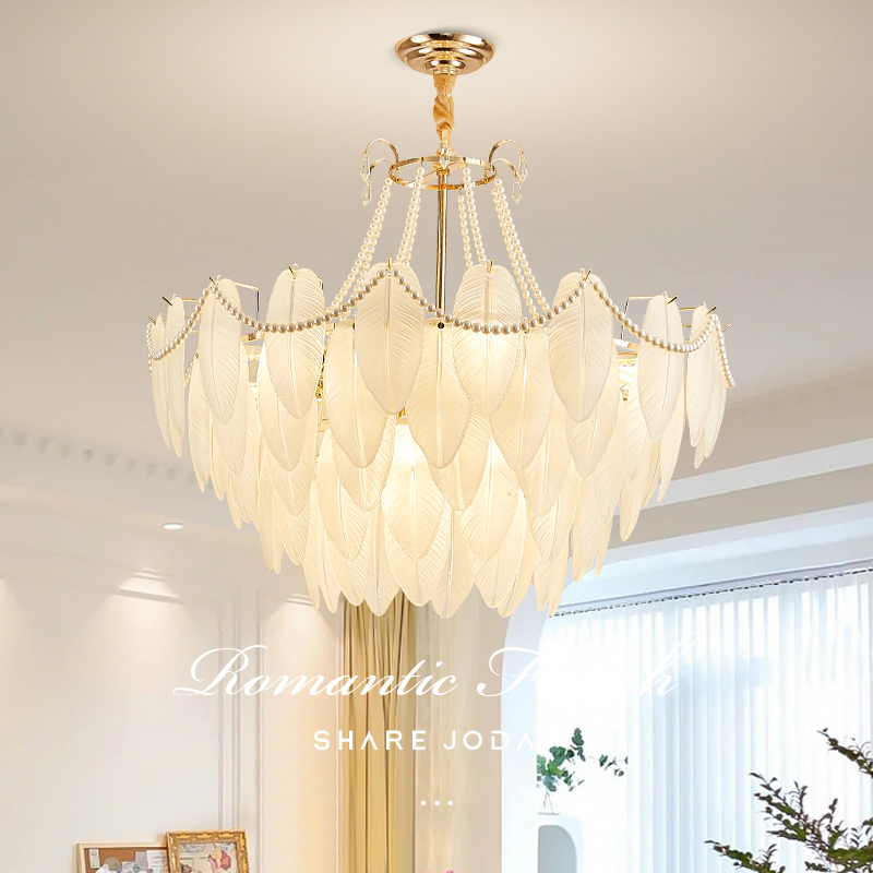 吊灯轻奢羽毛法式珍珠ins网红创意大气后现代客厅卧室灯具水晶灯