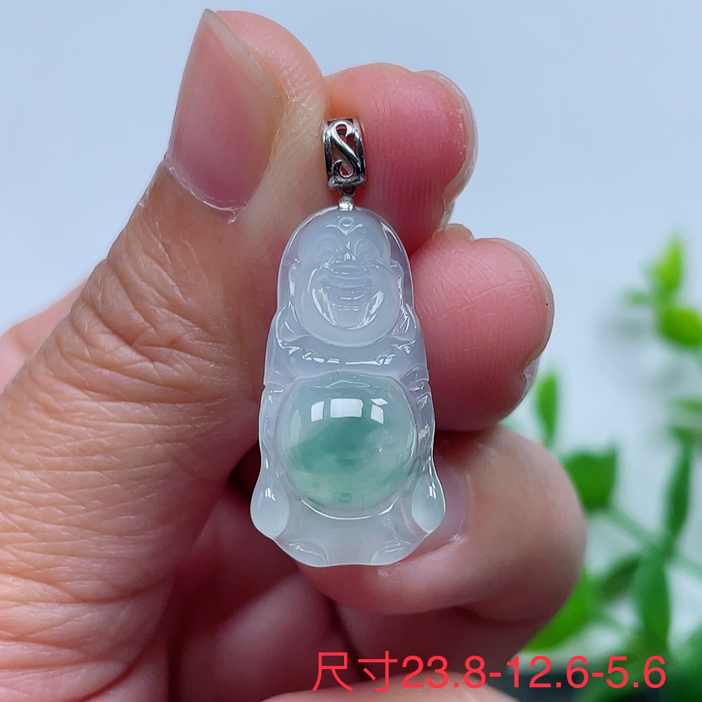 翡翠A货 18k金镶嵌冰飘花站佛佛公吊坠