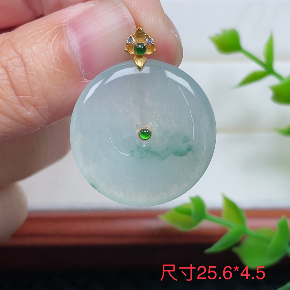 翡翠A货 18k金镶嵌冰润飘花平安扣吊坠