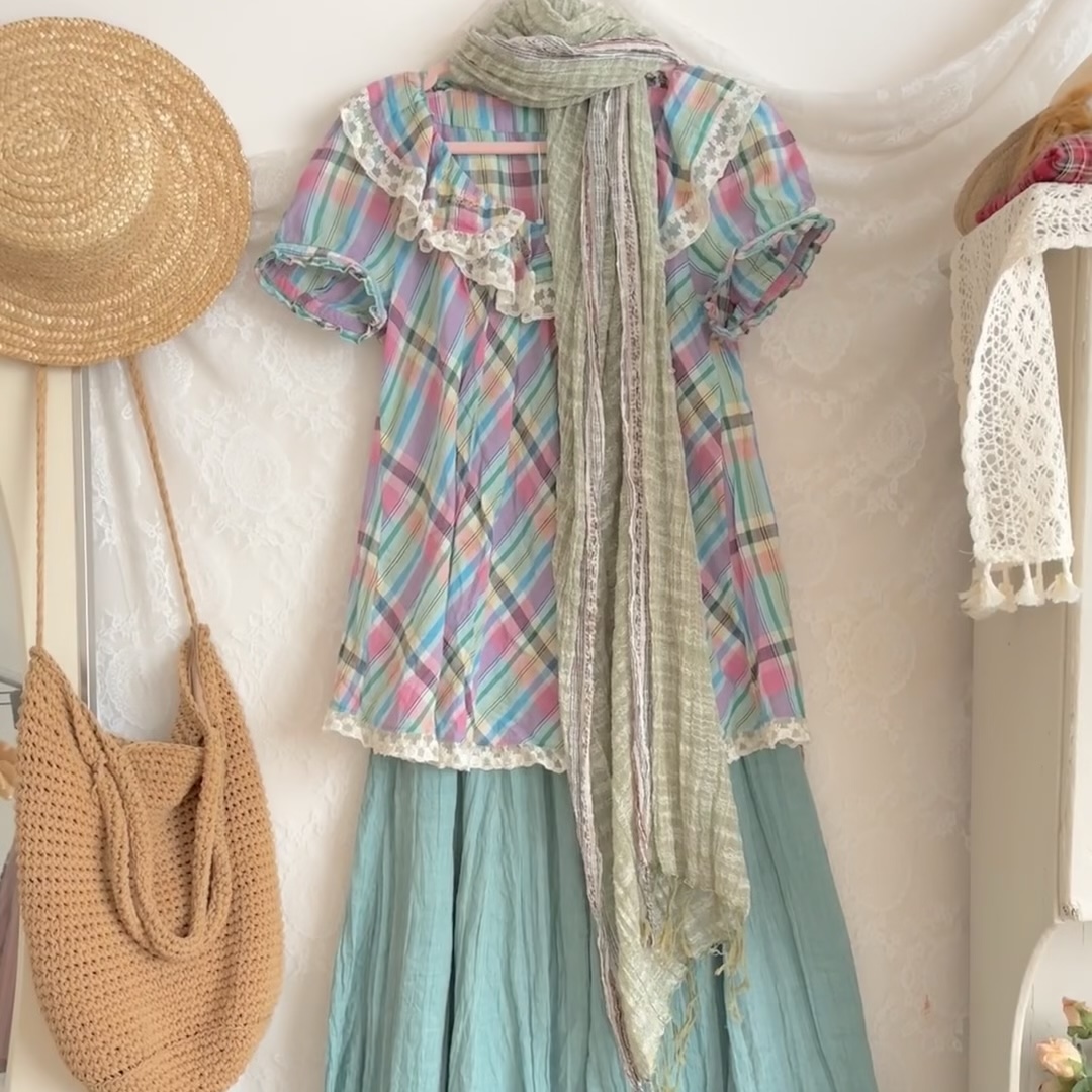 核桃vintage古着服饰夏季复古甜美夏款时尚百褶